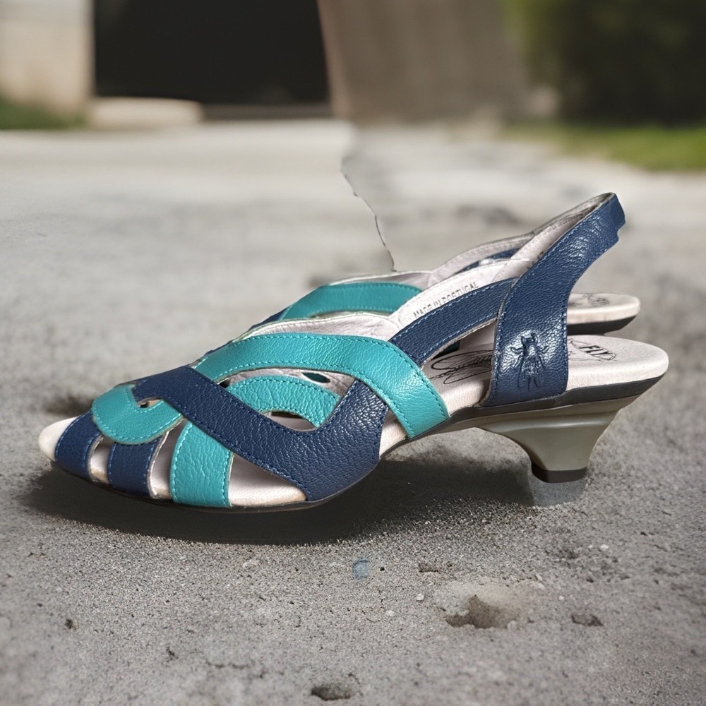 Fly London Leather strappy Sandal Pumps Womens 40 US 9-9.5 blue Kitten Heel
